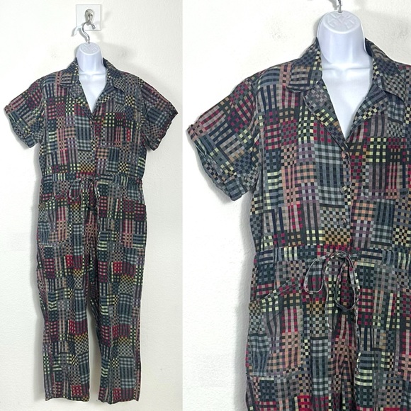Rujuta Sheth Patchwork Plaid Cargo Ray Jumpsuit in Night Rubix Size Medium - Picture 7 of 14